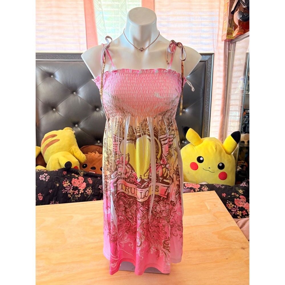 Y2K Grunge Exist True Love Graphic Smocked Mini Dress Pink Tattoo Print M #5
